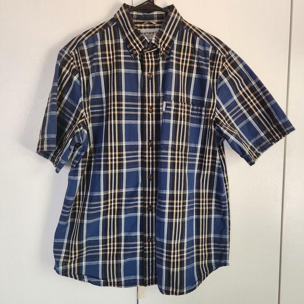 Carhartt Shirt Mens Large Blue Black Plaid SS Workwear Pocket Casual Button Up
